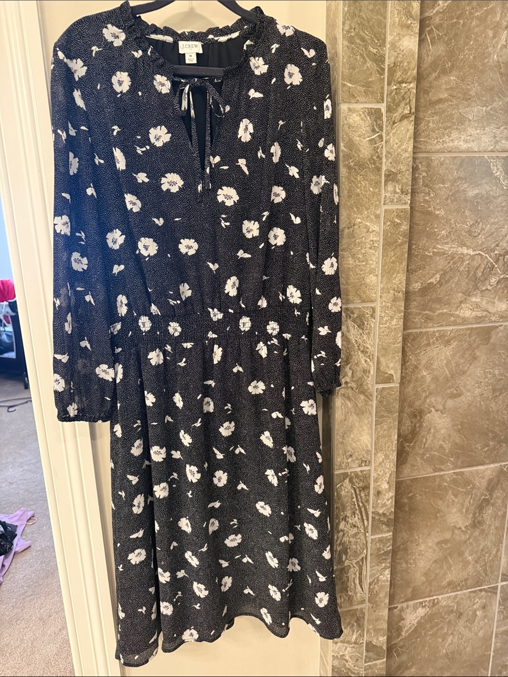 J. Crew Black Midi Dress with White Floral Print
